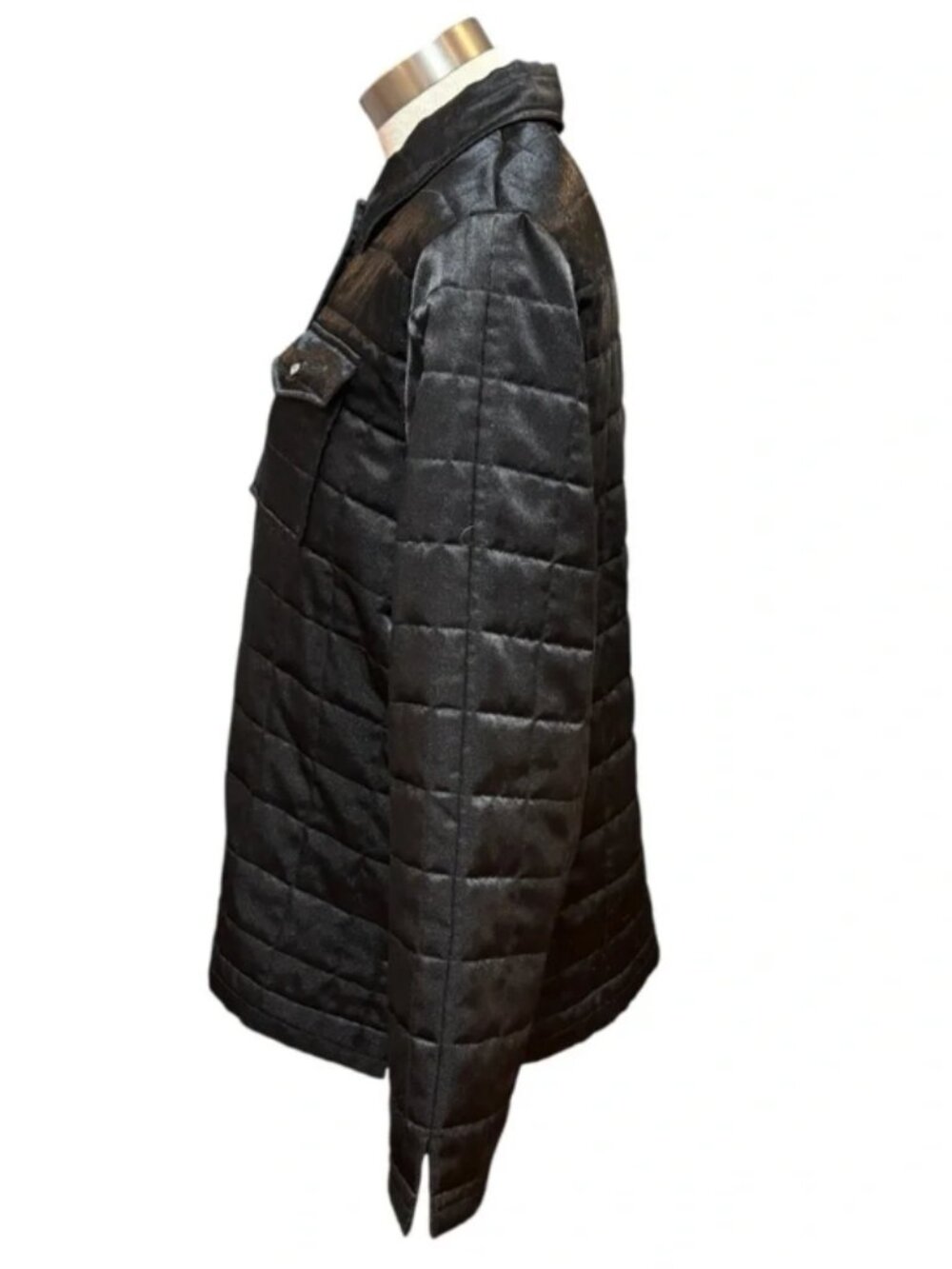 SPANNER Women's Jacket Shacket Black Satin Quilted Crystal Buttons Size L - Picture 2 of 7